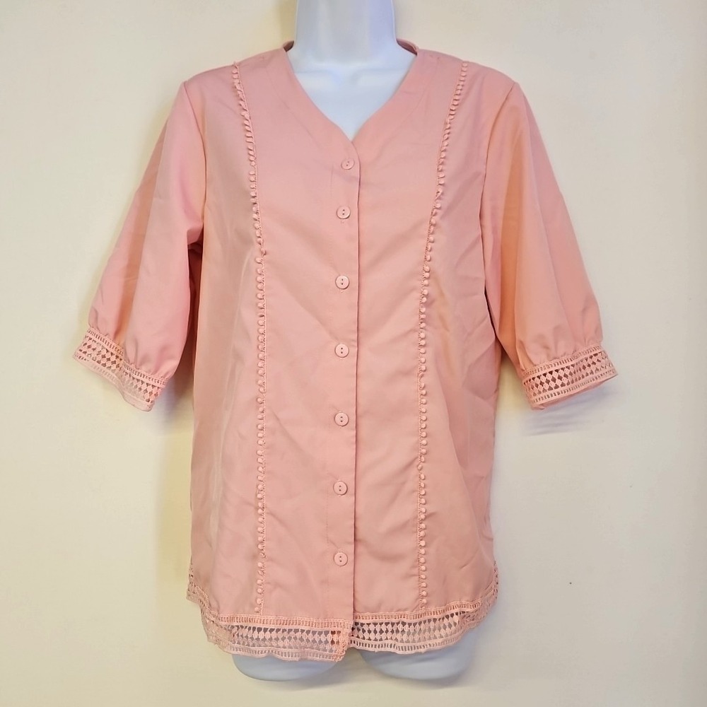 Unbranded Pink Button Front Blouse Size S Lace Detail Retro‎ Mature Grandmacore